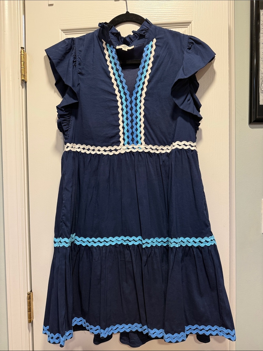 Navy Blue Ruffle Trim Dress with White & Light Blue Accents